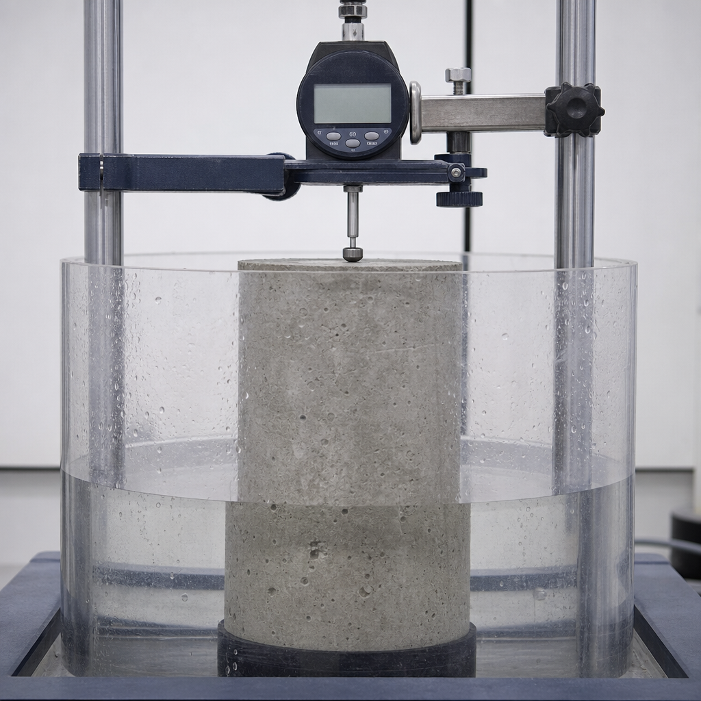 Laboratory ASTM C1090 test setup — a cylindrical concrete specimen containing crystalline admixture, half-submerged in water to activate crystal growth, with a digital micrometer measuring specimen height change.