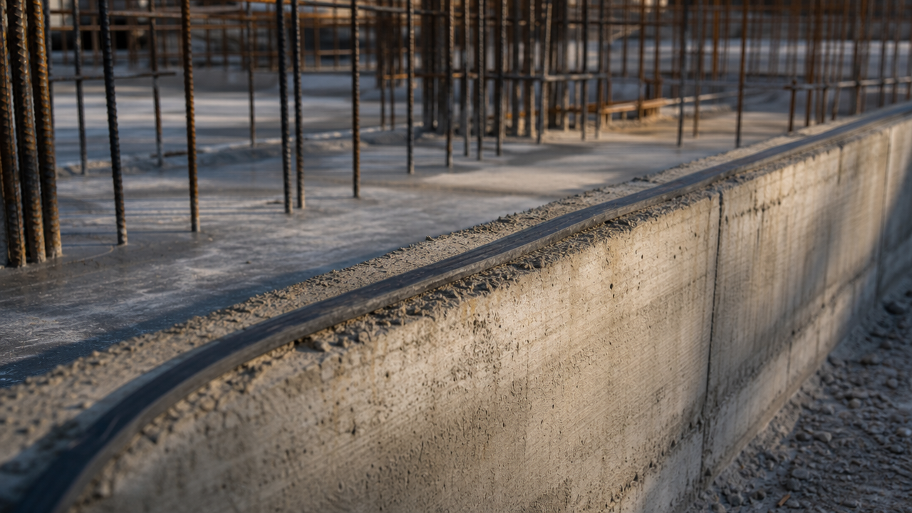 Close-up detail of a horizontal construction joint between a basement raft and vertical wall, with a hydrophilic swellable waterstop strip installed on the kicker before the second pour.