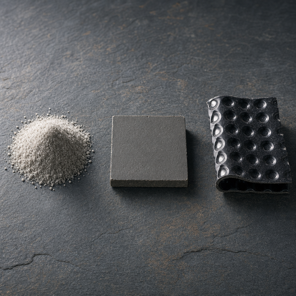 Three basement waterproofing samples side by side on a dark slate surface: a crystalline admixture powder pile, a cured liquid membrane cross-section, and a sheet HDPE membrane cross-section.
