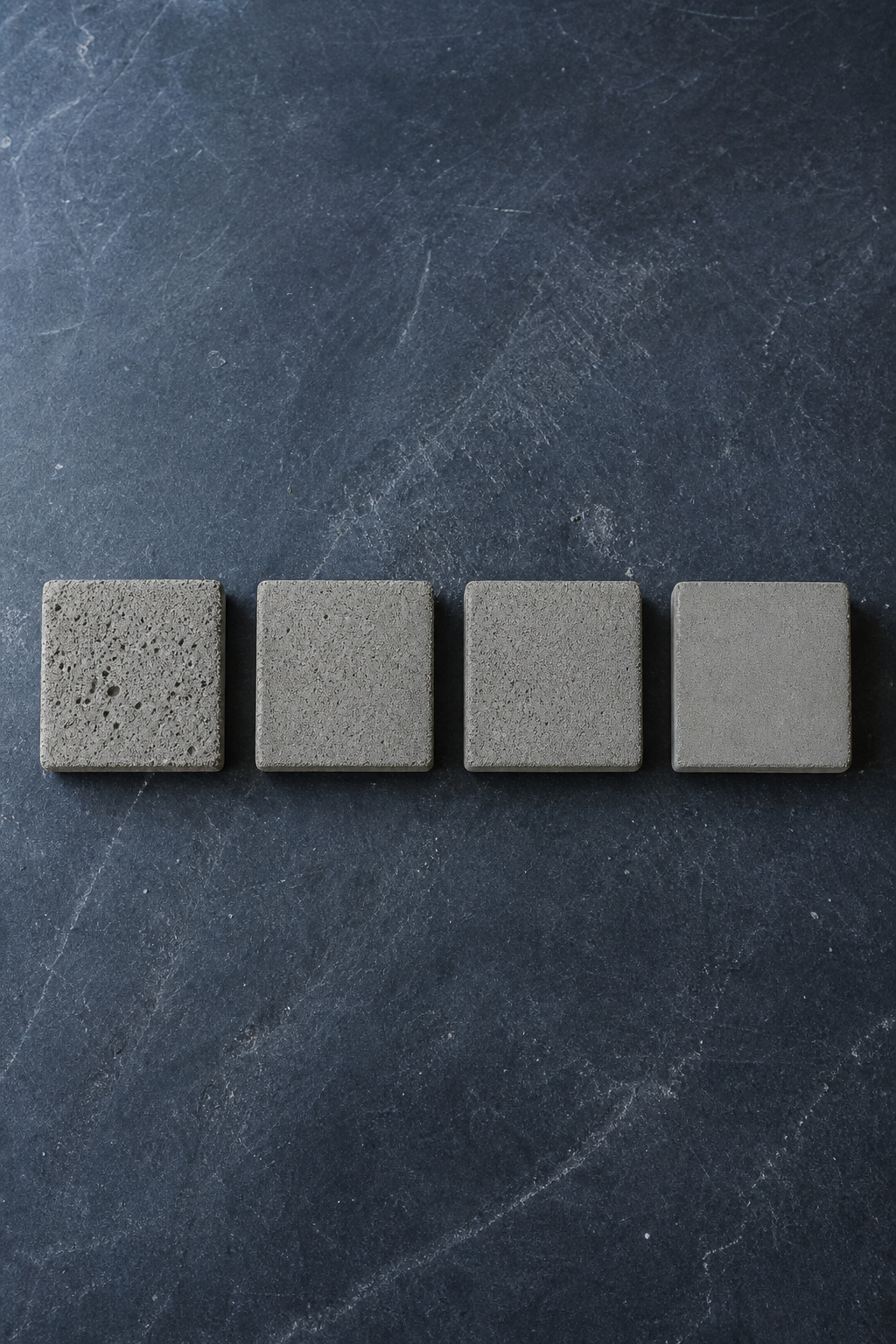 Four cured cement repair mortar samples of increasing density arranged in a row on a dark slate surface, representing the EN 1504-3 classes R1 to R4 from low to high strength.