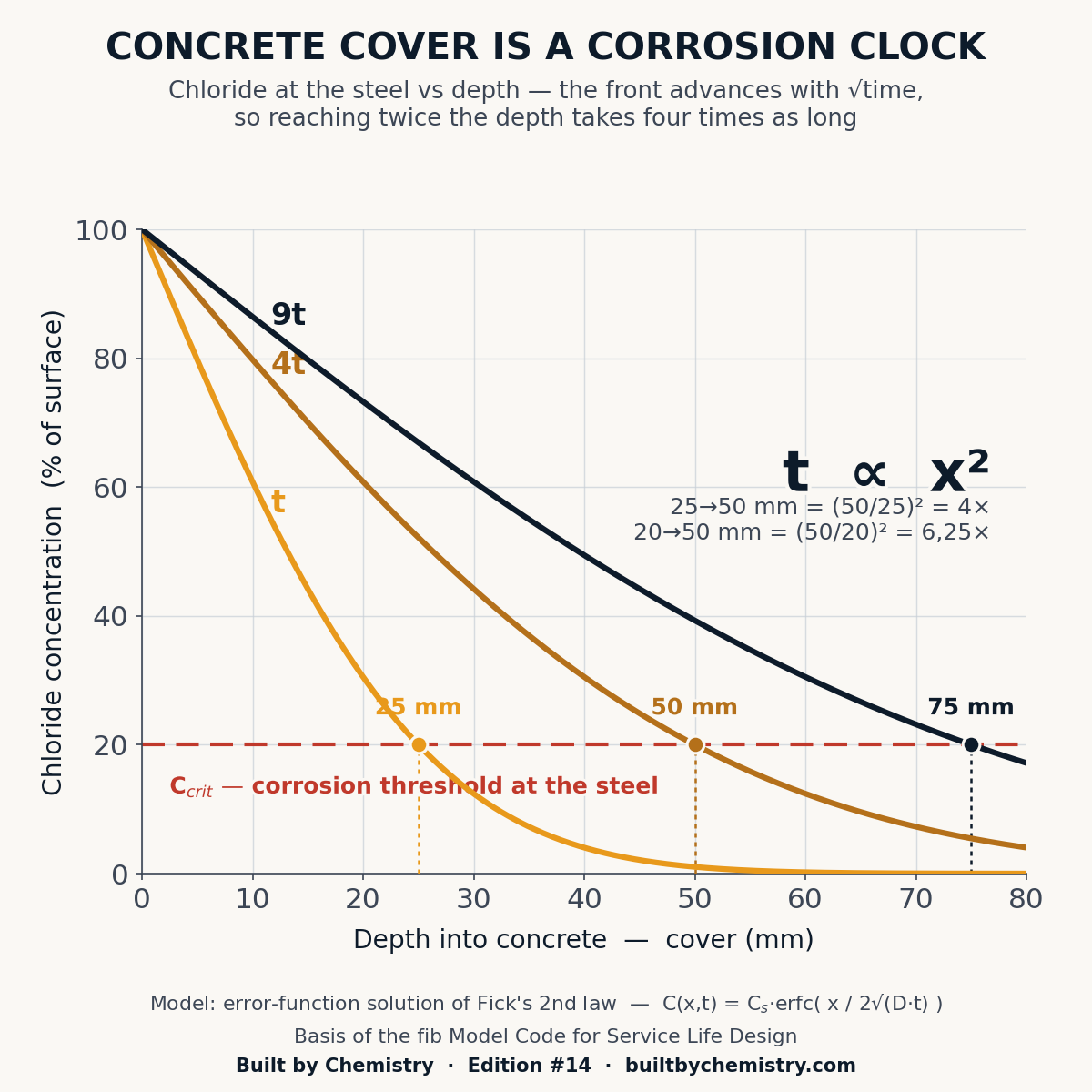 Conceptual cross-section of a concrete cover zone showing a chloride concentration front advancing from the outer surface toward a reinforcing bar, illustrating that penetration depth grows with the square root of time.