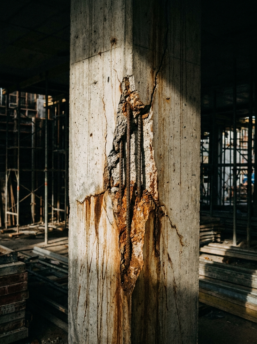 Macro detail of a reinforcing bar removed from concrete, showing localised pitting corrosion and expansive orange-brown rust product that has begun to crack the surrounding concrete.
