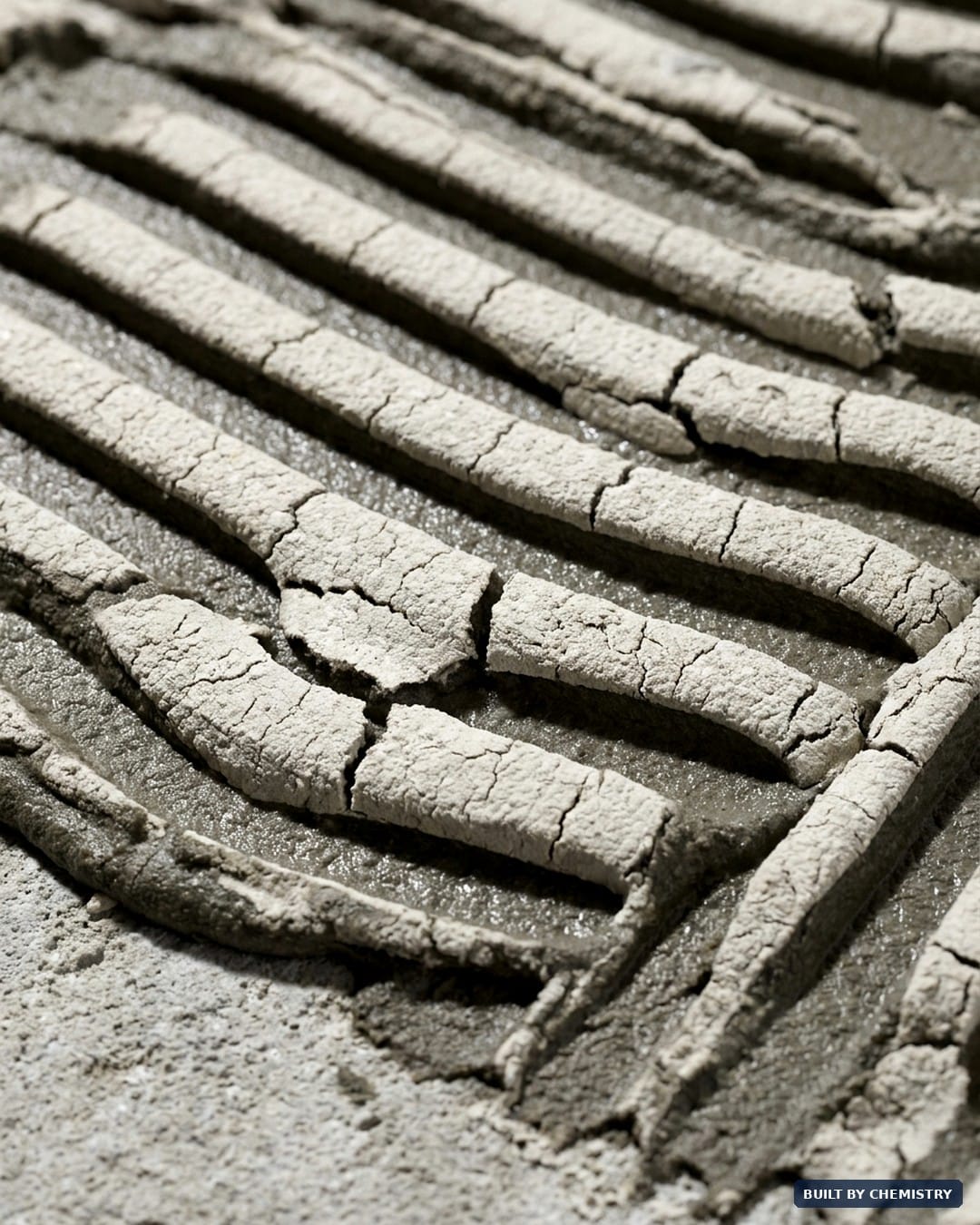 Macro of dried cementitious tile adhesive ridges with cracked skinned surface — the forensic tell of a tile placed after the open time expired: sharp intact trowel ridges that never collapsed into full contact with the tile back.