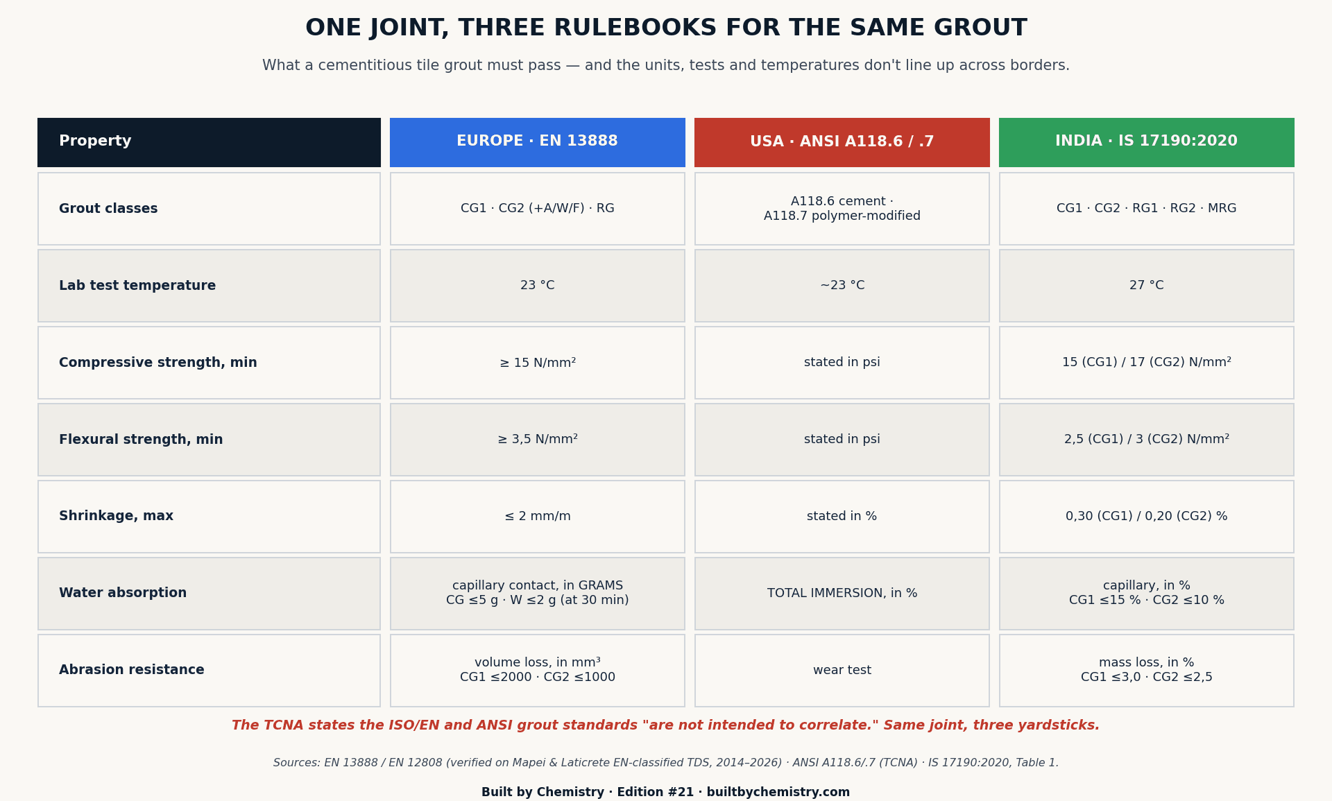 Comparison of cementitious tile grout requirements EN 13888 ANSI A118.6 IS 17190 - Built by Chemistry Edition 21