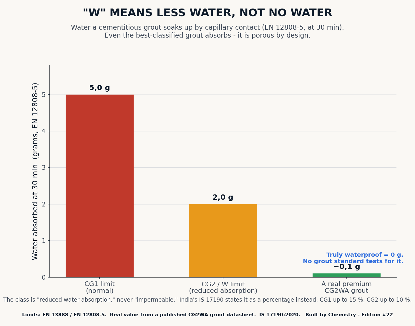 Grout water absorption by EN 13888 class W in grams - Built by Chemistry Edition 22