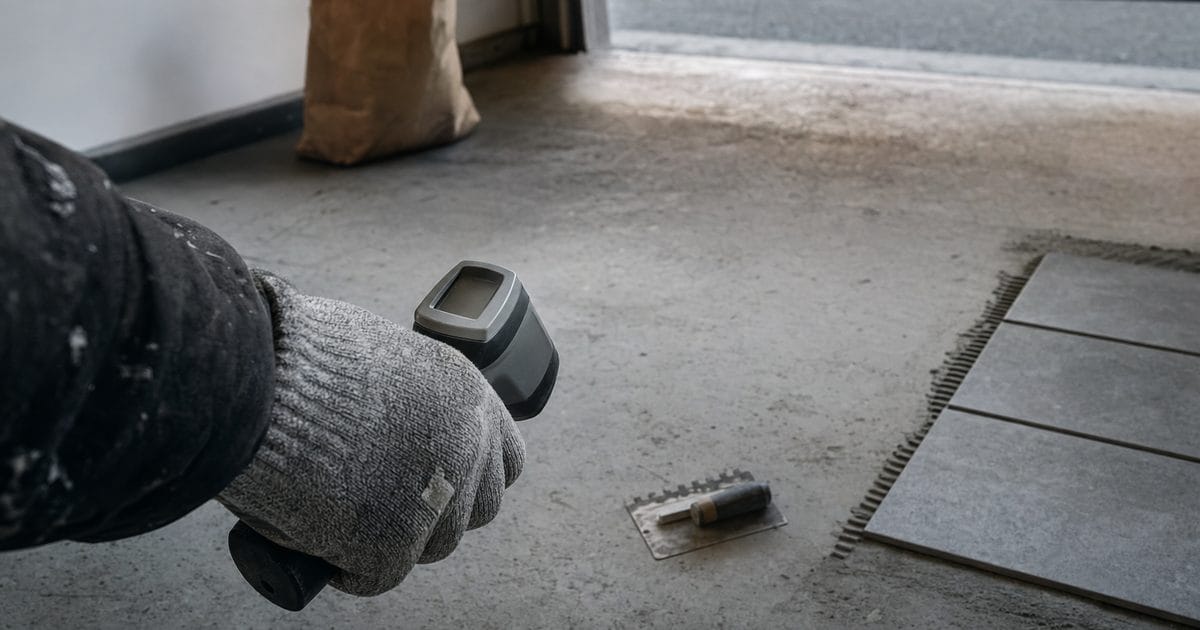 Infrared thermometer aimed at a cold concrete garage slab before tiling, the substrate temperature that sets tile adhesive drying time